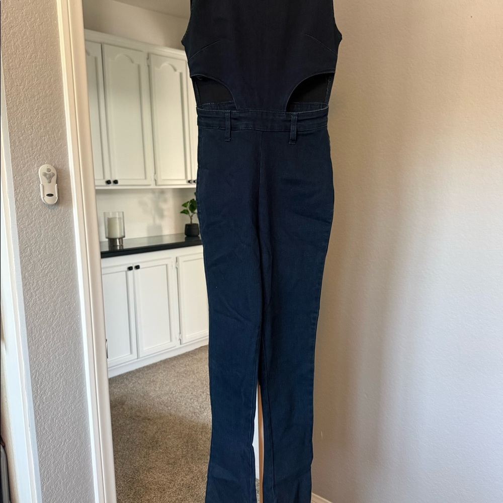 WeWoreWhat Cutout Slit Denim Jumpsuit Dark Wash XS